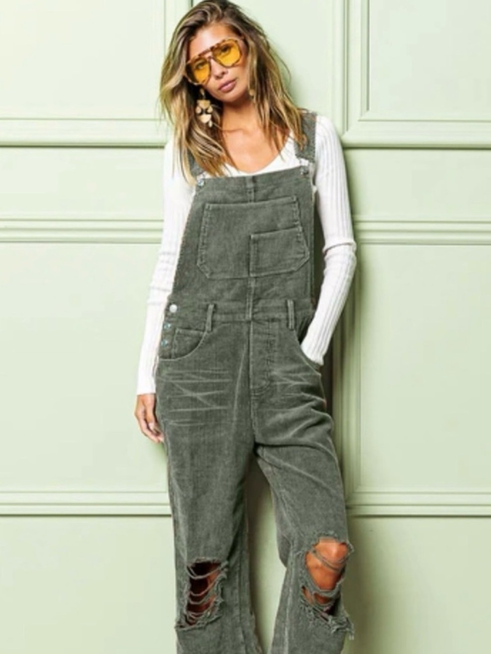 BIBI LOU Olive Green Corduroy Distressed Overalls - Women Jeans